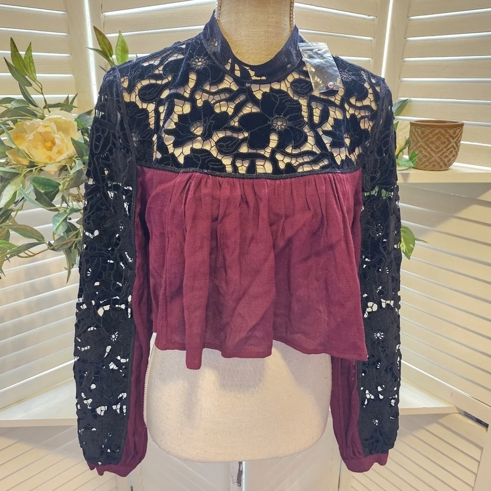 Free People Burgundy and Black Lace Blouse